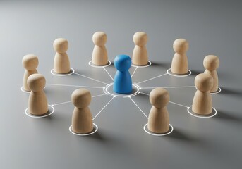 Wooden figures in a circle connected to a central blue figure symbolizing leadership, influence, and social network dynamics