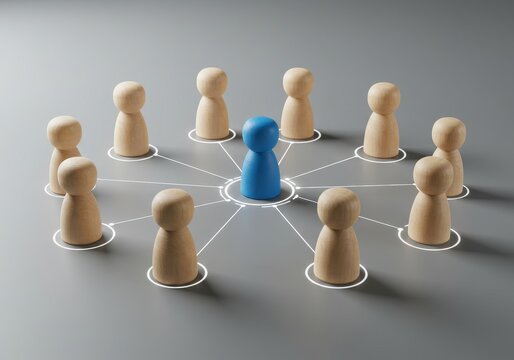 Wooden figures in a circle connected to a central blue figure symbolizing leadership, influence, and social network dynamics