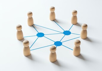 Fototapeta premium Wooden figures connected by blue lines in a circular star pattern on white background symbolizing teamwork and distributed systems