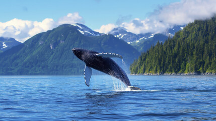 Fototapeta premium humpback whale leaps out of water against backdrop of mountains and lush forests, showcasing beauty of nature