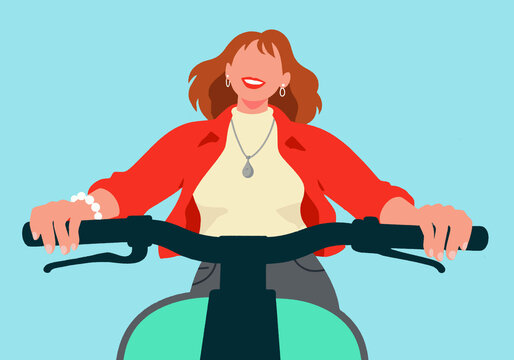 Illustration of a woman riding a bike joyfully against a blue sky