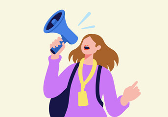 Young woman with brown hair holding a megaphone, wearing a purple sweater and a yellow lanyard.