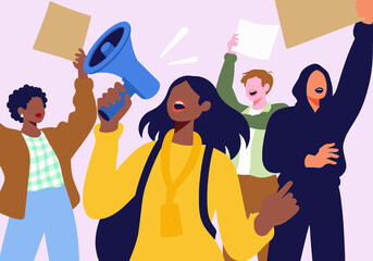 Illustration of diverse group of animated people protesting with signs and a megaphone outdoors.