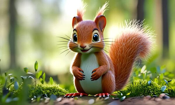 A cute, animated squirrel stands in a lush forest, surrounded by vibrant greenery and soft sunlight