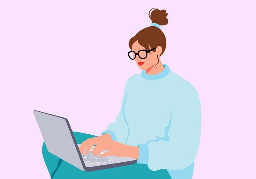 Illustration of a young woman with glasses typing on a laptop with a purple background.