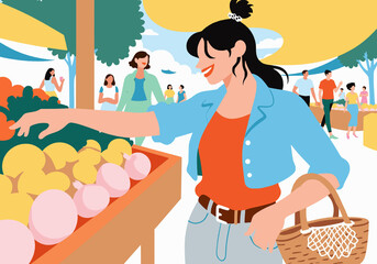 Illustration of a woman and other people shopping at a vibrant outdoor market with a basket in sunny weather.