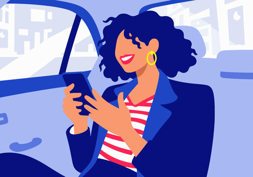 Illustration of a woman with curly hair using a smartphone while sitting in a vehicle's backseat.
