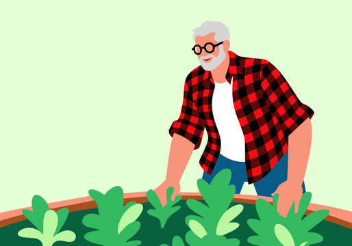 Illustration of an elderly man with glasses tending plants in an urban garden with a cheerful demeanor