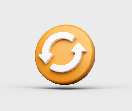 Orange circular button with a white refresh icon featuring two curved arrows, 3d illustration