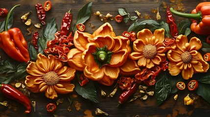 Naklejka premium A chili food art piece with peppers carved into intricate floral shapes 