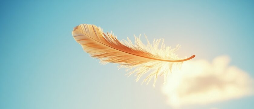 A delicate orange feather gently floats against a serene blue sky, exuding a sense of freedom, lightness, and tranquility.