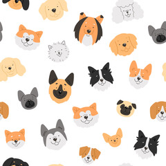 Vector pattern with сartoon dogs breeds. Seamless pattern with cute dog faces. 