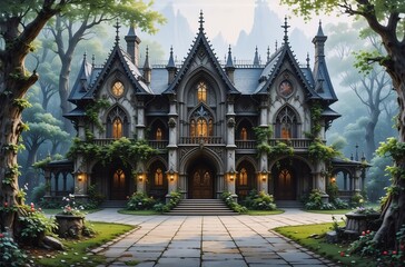 Fototapeta premium A majestic gothic mansion nestled in a lush forest, bathed in soft morning light. Its intricate stonework and towering spires create an air of mystery and grandeur.
