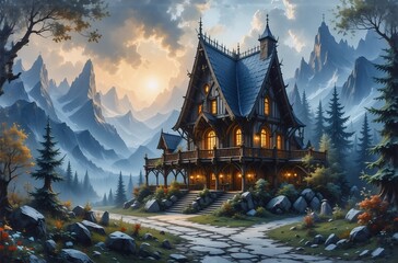 Fototapeta premium A majestic, secluded wooden house nestled in a misty mountain valley at sunset. Warm light glows from its windows. A winding path leads to its entrance.