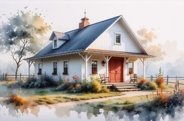Serene watercolor painting of a charming white farmhouse on a misty morning.  Surrounded by lush greenery, it features a red door and a welcoming porch.
