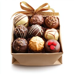 Gourmet chocolate truffle assortment in gift box tied with golden ribbon delicious dessert indulgence