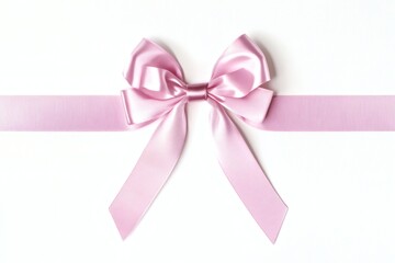 Pink satin bow on ribbon, white background, gift wrap