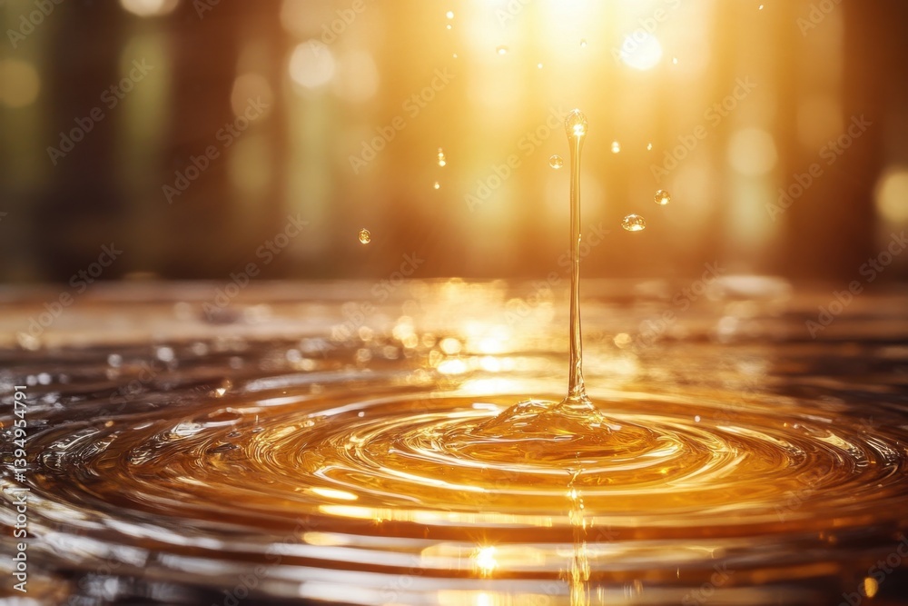 Poster golden liquid drop creates ripples on surface against blurred background capturing abstract motion a