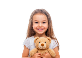 Smiling girl holding a teddy bear isolated on transparent background
