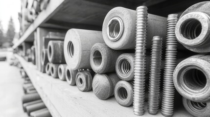An assortment of assorted screws and nails creates an industrial backdrop, featuring home improvement essentials like bolts and nuts, with a detailed view of different screws from a top-down angle