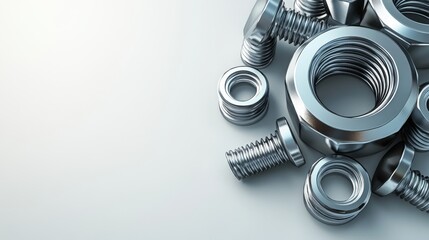A variety of white metal screws and self-tapping screws, isolated on a white background with room for text