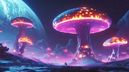 Surreal Landscape of Giant Glowing Mushrooms Under a Starry Sky with a Distant Planet in the Background