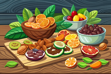 vector of Dried fruits on wooden table