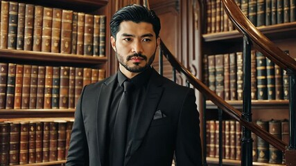 Man in formal attire poses confidently in a grand library filled with books and ornate wooden staircase, showcasing elegance and sophistication
