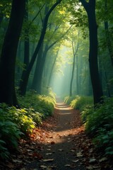 Obraz premium Serene Forest Path Sunlight Illuminates a Mystical Woodland Trail, Enveloped by Lush Greenery and Fallen Autumn Leaves