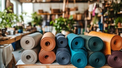 A workspace equipped with natural brown leather and multiple shoemaking tools, representing the skill of a tailor or shoemaker