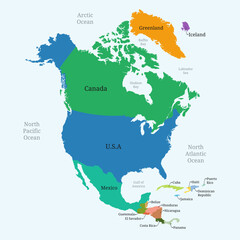 Colorful North America continent  map with country names © Puake