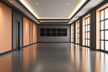 Elegant, modern interior design.  Spacious, empty hall with peach and gray accents, showcasing large windows and a polished floor.  Gallery wall