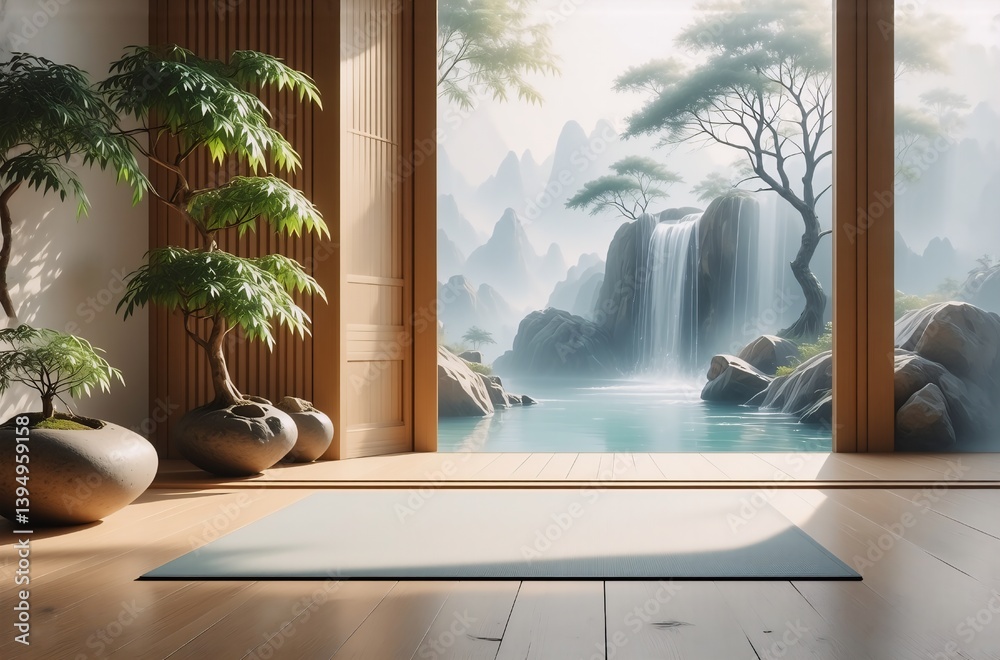 Poster serene room with a view. a yoga mat rests on light wood flooring before a large window showcasing a 