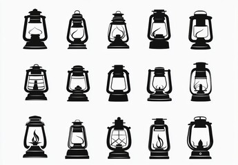 Lantern silhouette of vintage black oil kerosene gas lamps, presented in flat style as monochrome retro night light equipment with a holder