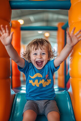 Happy cheerful kids having a blast at indoor play center. Children playing with color balls in playground ball pit.
