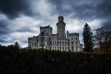 Dark fall day in a famous castle Hluboka nad Vltavou in South of Czech Republic, Europe.