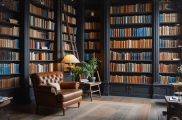 A cozy reading nook nestled within a grand library.  Floor-to-ceiling bookshelves overflow with antique volumes, casting a warm, inviting glow. A leather armchair sits ready for quiet contemplation.