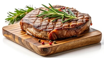 Juicy Grilled Beef Steak with Rosemary, Wooden Board, Isolated White Background - High-Resolution Food Photography