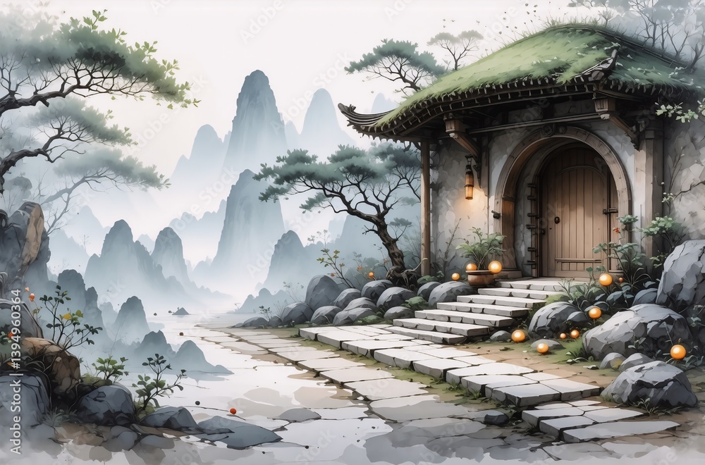 Poster serene mountain landscape with a moss-roofed pavilion and stone pathway leading to an arched wooden 