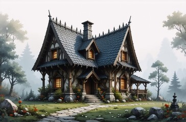 Obraz premium A charming, rustic cottage nestled in a misty forest. Its half-timbered design and stone foundation evoke a sense of old-world charm and tranquility. Warm light glows from its windows.