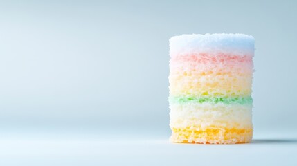 A colorful layered cake standing on a white surface, minimalist composition with pastel hues, studio shot with soft lighting, and dessert concept.