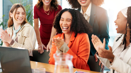Laptop, happy or businesswomen clapping for meeting, teamwork or empowerment agreement. Bonus,...