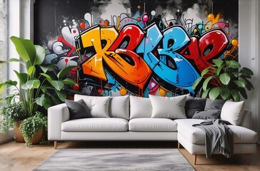 Vibrant graffiti art mural in bold colors adorns a living room wall, featuring a dynamic composition of stylized lettering and abstract elements.  The modern sofa and lush plants create a striking con