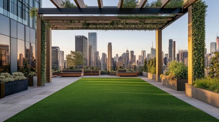 Obraz premium Elegant rooftop sky garden with manicured green lawn, shaded pergolas, and panoramic city skyline in the background