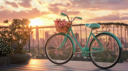 Fototapeta premium Vintage bicycle with flowers in a basket against a sunset backdrop showcasing urban serenity
