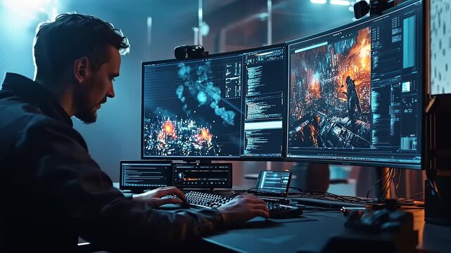 Cyberpunk Game Developer at Work: Immersive Coding in a Futuristic Setting