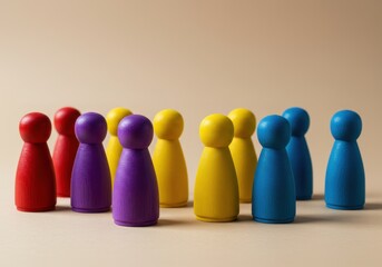 Colorful wooden peg dolls arranged in neat rows against a neutral backdrop