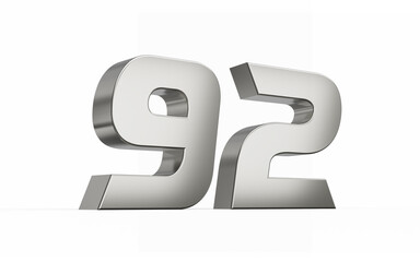 3d Silver number 92 Ninety two sleek metallic look isolated on white background, 3d illustration