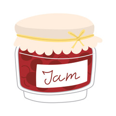 Jam in a glass jar. Red jam with berries, closed in a jar with an inscription. Sweet food for a tea party. Homemade jam. Handmade work. Flat vector illustration of food, isolated on a white background