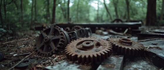 Fototapeta premium Rusty gears and metal parts lie scattered on a forest floor, overgrown with moss and leaves, symbolizing decay and nature reclaiming its space.